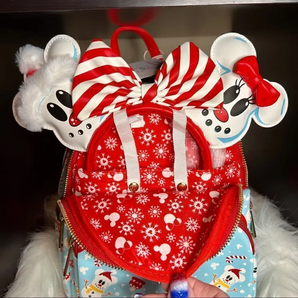 Snowman Mickey & Minnie Mouse Mini Backpack with Ears Headband & Wallet NWT